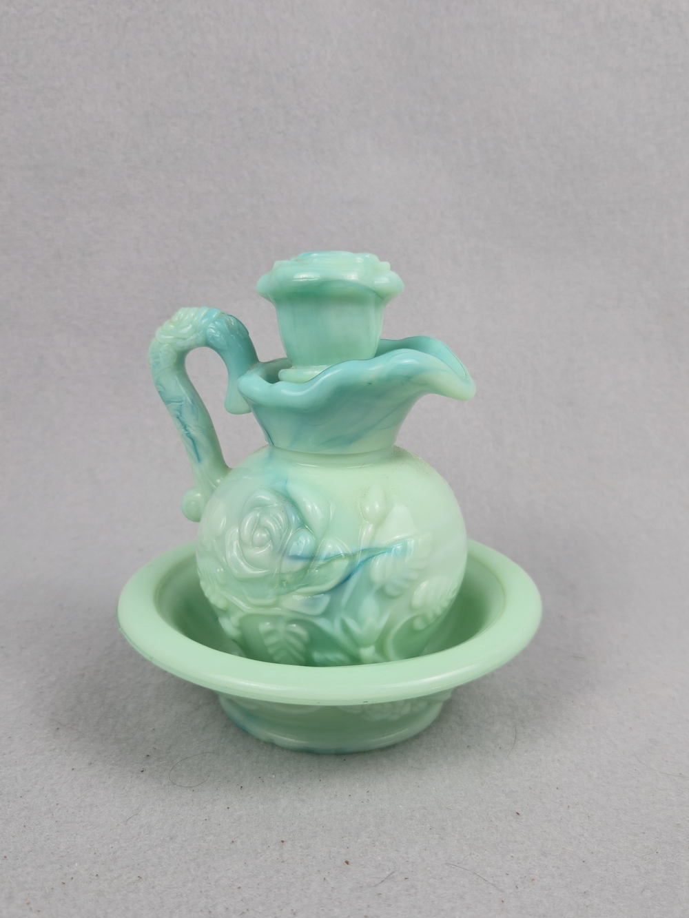 Vintage Jadeite Green Slag Glass Pitcher & Basin Miniature Set